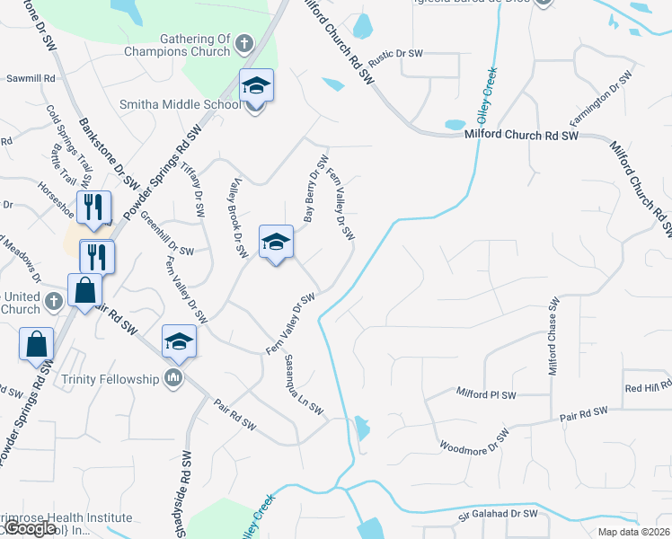 map of restaurants, bars, coffee shops, grocery stores, and more near 2907 Roxboro Drive Southwest in Marietta