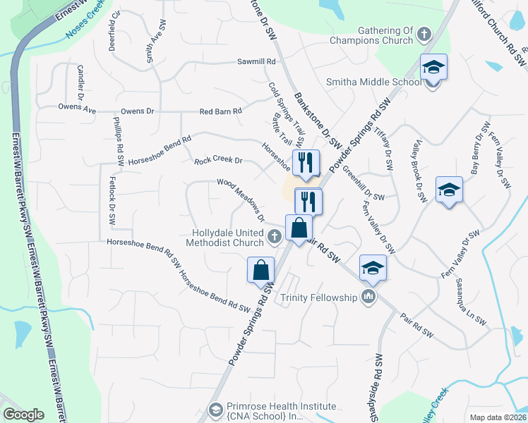 map of restaurants, bars, coffee shops, grocery stores, and more near 2408 Wood Meadows Drive in Marietta