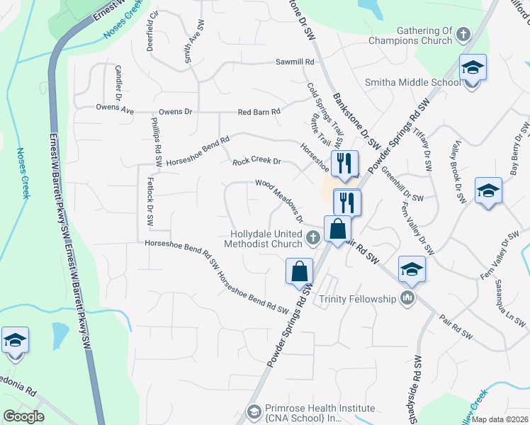 map of restaurants, bars, coffee shops, grocery stores, and more near 2488 Wood Meadows Drive in Marietta