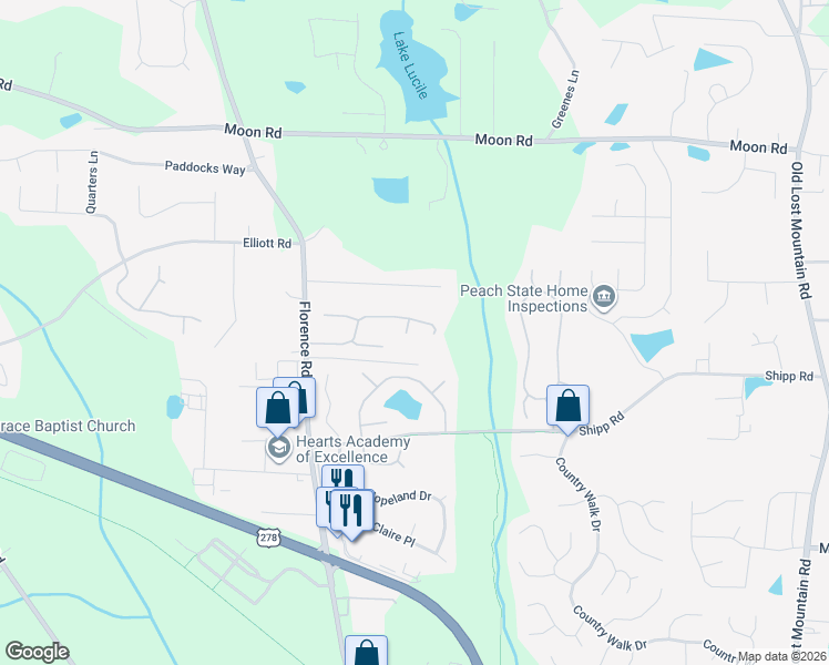 map of restaurants, bars, coffee shops, grocery stores, and more near 2996 Chesilhurst Court in Powder Springs