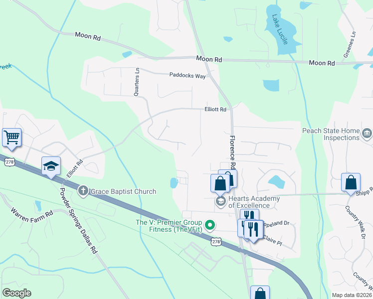map of restaurants, bars, coffee shops, grocery stores, and more near 5303 Yoshino Terrace in Powder Springs