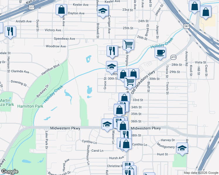 map of restaurants, bars, coffee shops, grocery stores, and more near 1617 31st Street in Wichita Falls