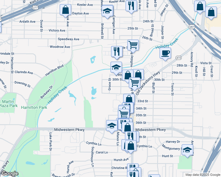 map of restaurants, bars, coffee shops, grocery stores, and more near 1617 31st Street in Wichita Falls