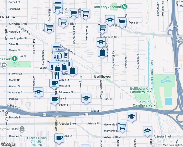 map of restaurants, bars, coffee shops, grocery stores, and more near 10056 Flower Street in Bellflower