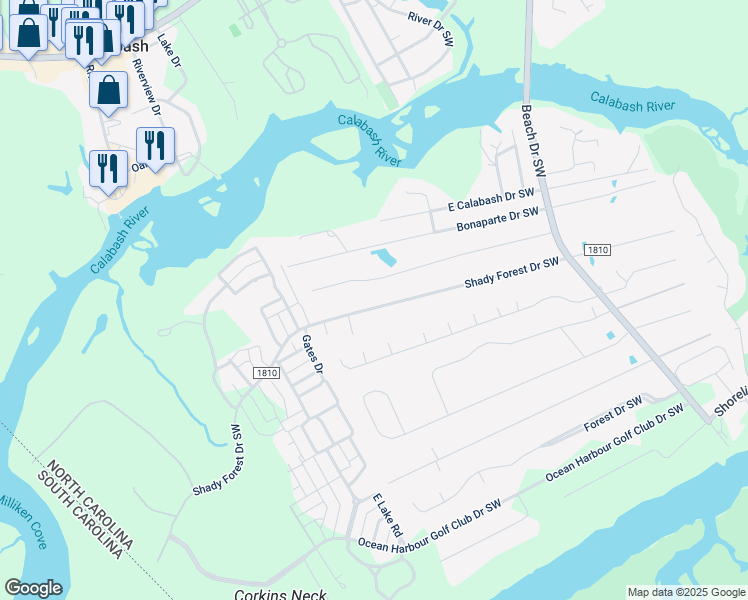 map of restaurants, bars, coffee shops, grocery stores, and more near 9208 Shady Forest Drive Southwest in Calabash
