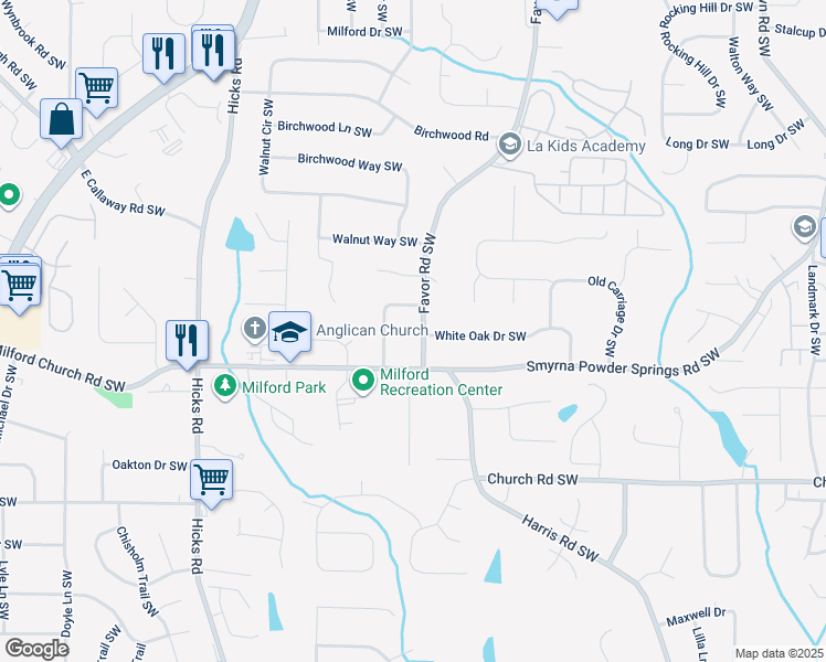 map of restaurants, bars, coffee shops, grocery stores, and more near 2938 Favor Road Southwest in Marietta