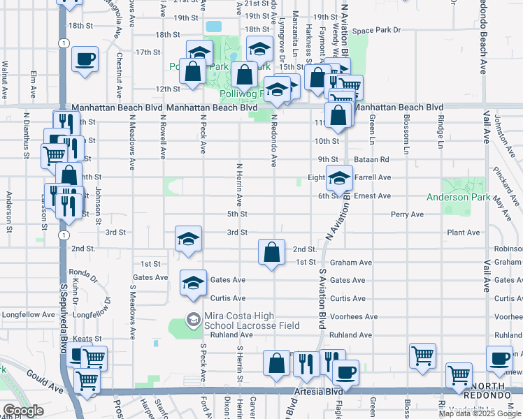 map of restaurants, bars, coffee shops, grocery stores, and more near 1619 5th Street in Manhattan Beach