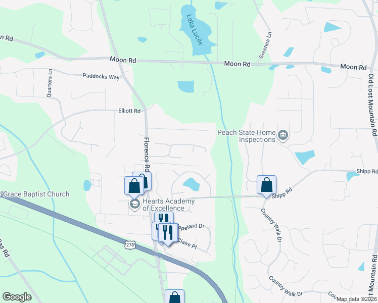 map of restaurants, bars, coffee shops, grocery stores, and more near 2996 Chesilhurst Court in Powder Springs