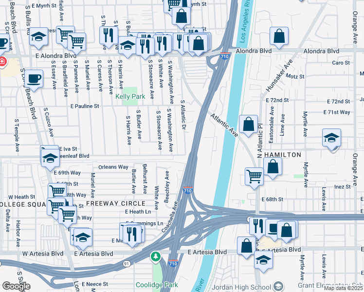 map of restaurants, bars, coffee shops, grocery stores, and more near 1607 South Atlantic Drive in Compton