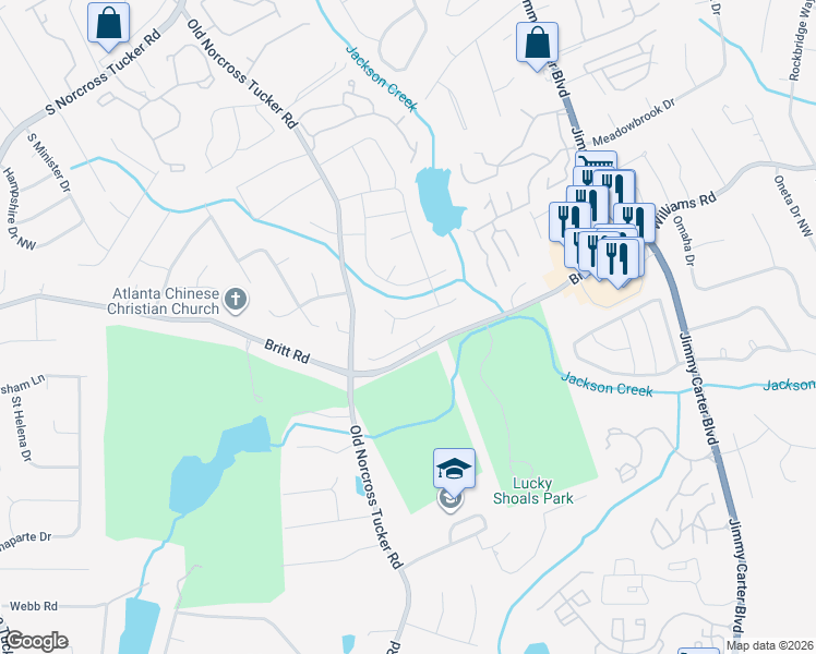 map of restaurants, bars, coffee shops, grocery stores, and more near 6546 Parkside Way in Tucker
