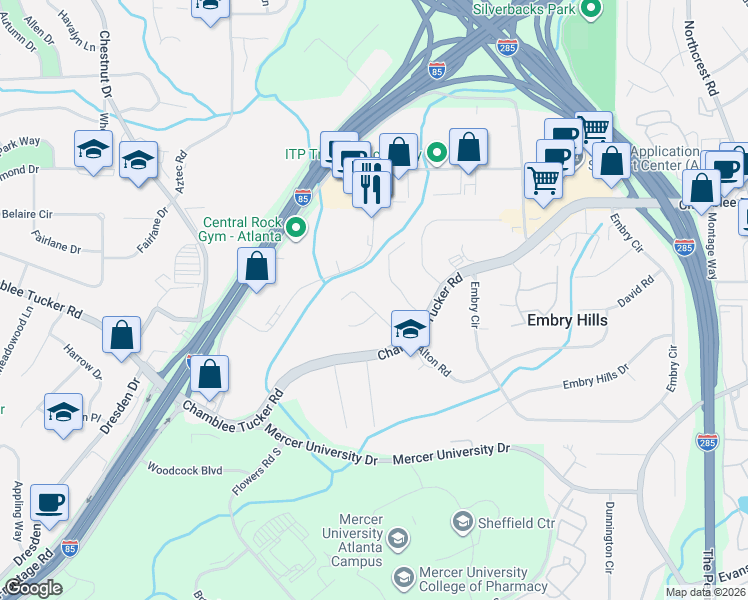 map of restaurants, bars, coffee shops, grocery stores, and more near 3173 Barkside Court in Chamblee