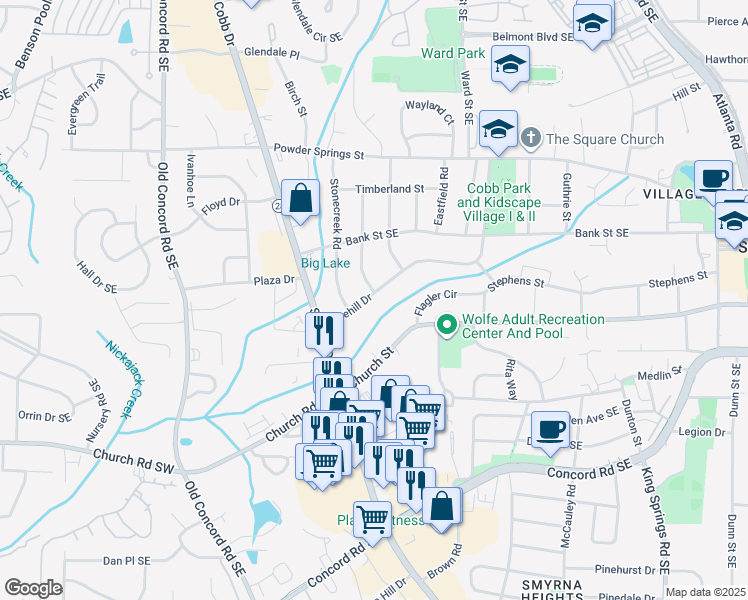 map of restaurants, bars, coffee shops, grocery stores, and more near 768 Pinehill Drive in Smyrna