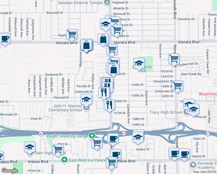 map of restaurants, bars, coffee shops, grocery stores, and more near 16417 Pioneer Boulevard in Norwalk