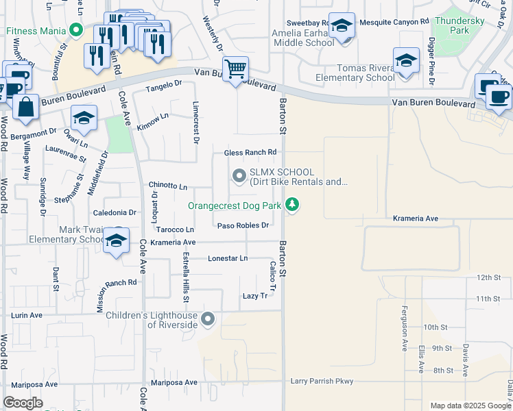 map of restaurants, bars, coffee shops, grocery stores, and more near 19876 Santa Clara Court in Riverside