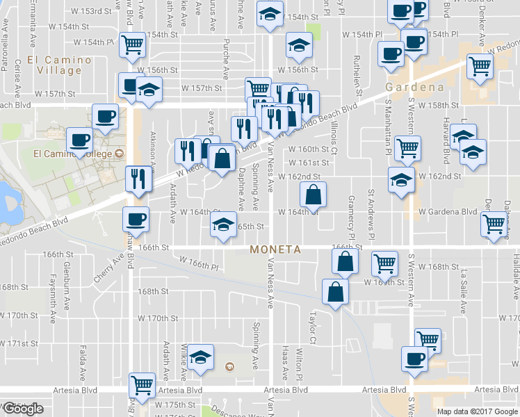 map of restaurants, bars, coffee shops, grocery stores, and more near 2221 West 164th Street in Torrance