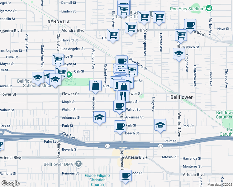 map of restaurants, bars, coffee shops, grocery stores, and more near 9700 Flower Street in Bellflower