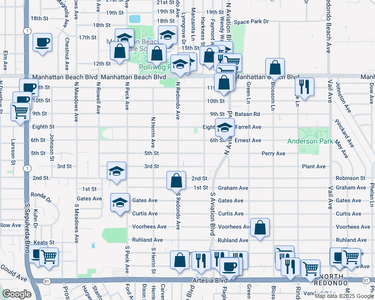 map of restaurants, bars, coffee shops, grocery stores, and more near 1747 5th Street in Manhattan Beach