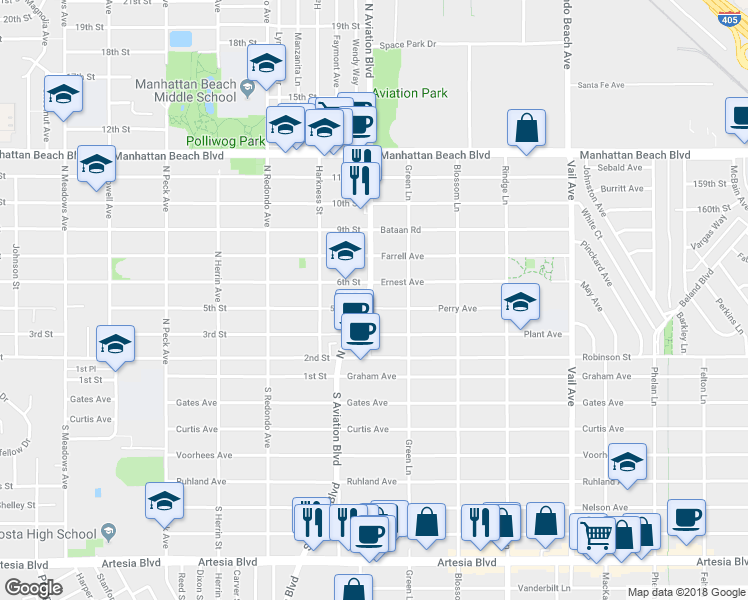 map of restaurants, bars, coffee shops, grocery stores, and more near 1903 Perry Avenue in Redondo Beach