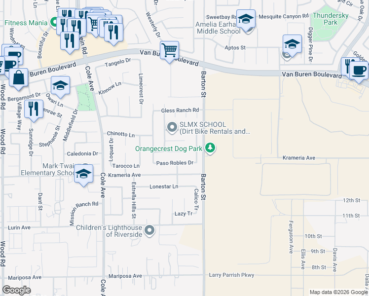 map of restaurants, bars, coffee shops, grocery stores, and more near 19876 Santa Clara Court in Riverside
