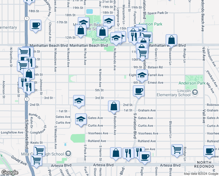 map of restaurants, bars, coffee shops, grocery stores, and more near 1639 5th Street in Manhattan Beach