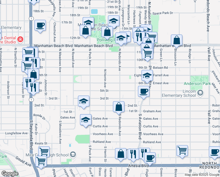 map of restaurants, bars, coffee shops, grocery stores, and more near 1619 5th Street in Manhattan Beach