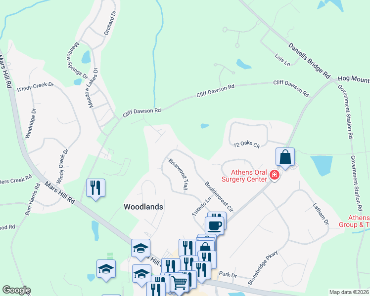 map of restaurants, bars, coffee shops, grocery stores, and more near 1331 Bouldercrest Cir in Watkinsville