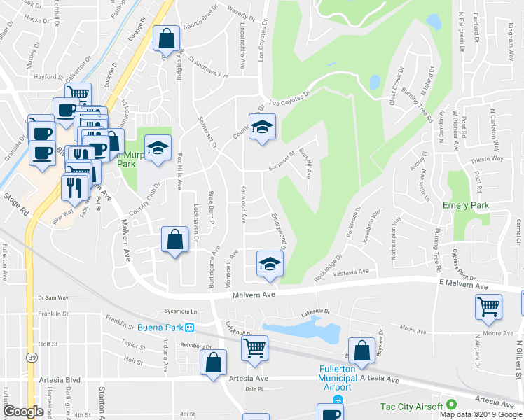 map of restaurants, bars, coffee shops, grocery stores, and more near 8571 Cypress Point Avenue in Buena Park