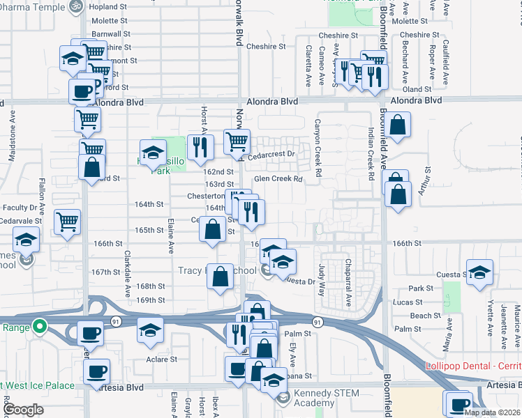 map of restaurants, bars, coffee shops, grocery stores, and more near 16406 Bear Meadow Circle in Cerritos