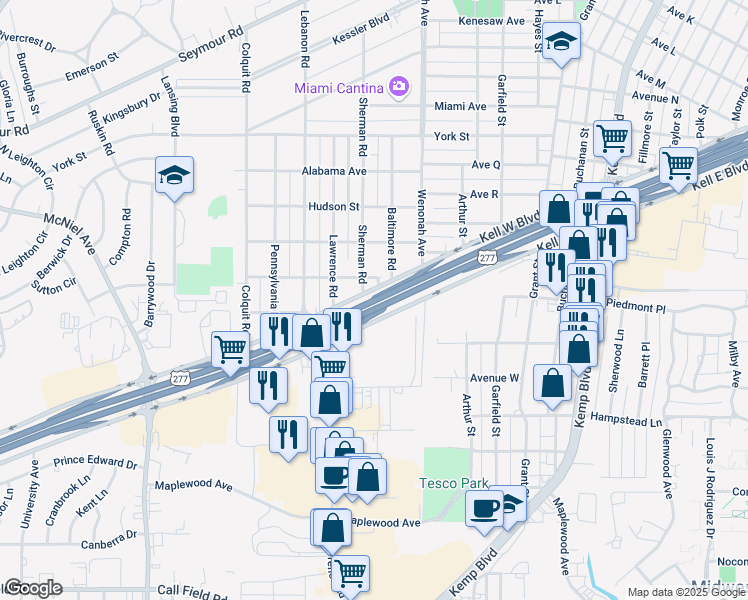 map of restaurants, bars, coffee shops, grocery stores, and more near U.S. 277 in Wichita Falls
