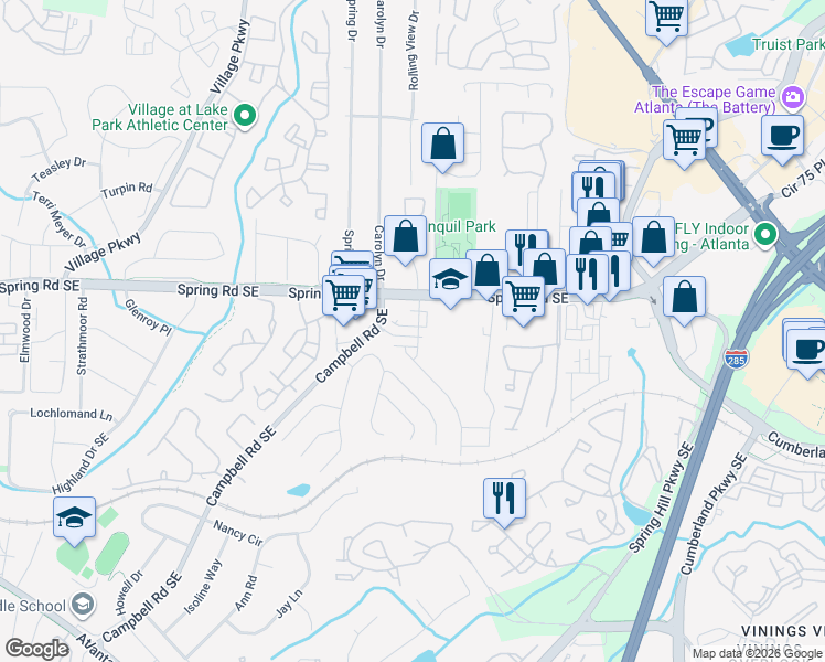 map of restaurants, bars, coffee shops, grocery stores, and more near 2374-2392 Spring Rd SE in Smyrna