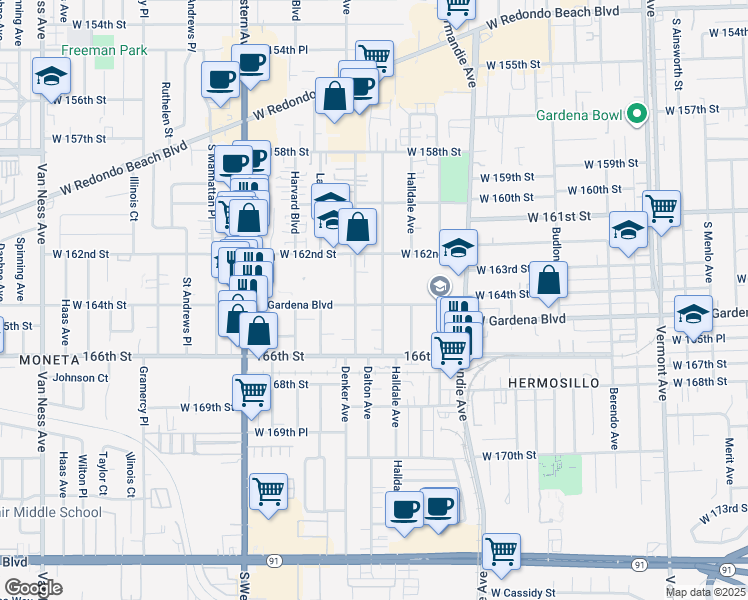 map of restaurants, bars, coffee shops, grocery stores, and more near 16321 Dalton Avenue in Gardena