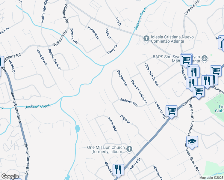 map of restaurants, bars, coffee shops, grocery stores, and more near 701 Belgrave Lane in Tucker