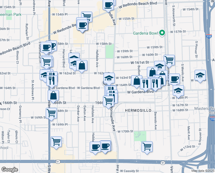 map of restaurants, bars, coffee shops, grocery stores, and more near 1415 West Gardena Boulevard in Gardena