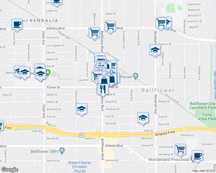 map of restaurants, bars, coffee shops, grocery stores, and more near in Bellflower