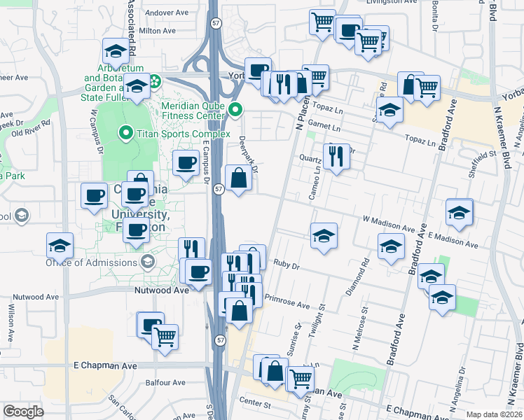 map of restaurants, bars, coffee shops, grocery stores, and more near 2900 Madison Avenue in Fullerton