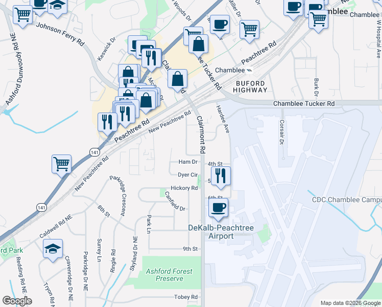 map of restaurants, bars, coffee shops, grocery stores, and more near 3171 Clairwood Terrace in Atlanta