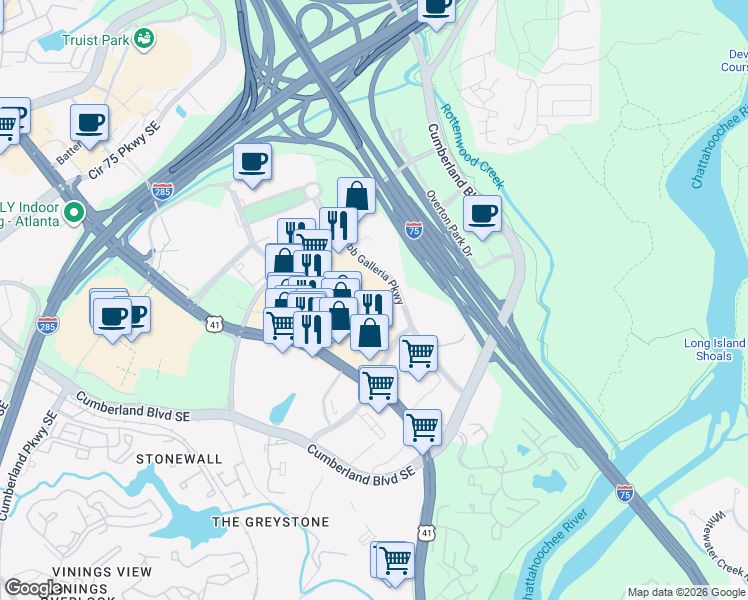 map of restaurants, bars, coffee shops, grocery stores, and more near 2995 Cobb Parkway Southeast in Atlanta