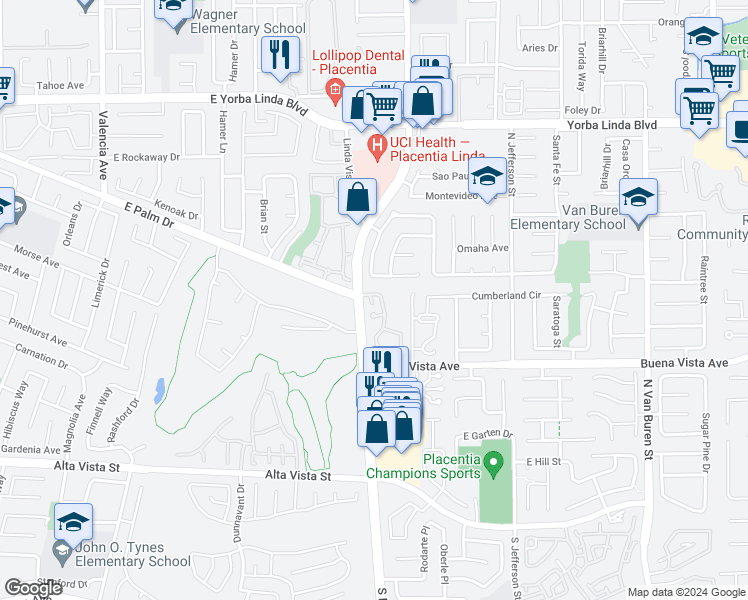 map of restaurants, bars, coffee shops, grocery stores, and more near 1130 Via Palma in Placentia