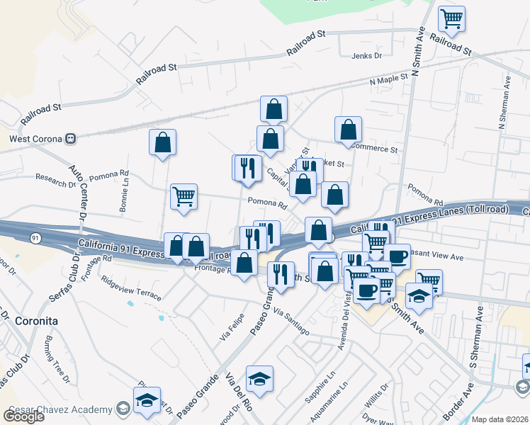 map of restaurants, bars, coffee shops, grocery stores, and more near American Circle in Corona