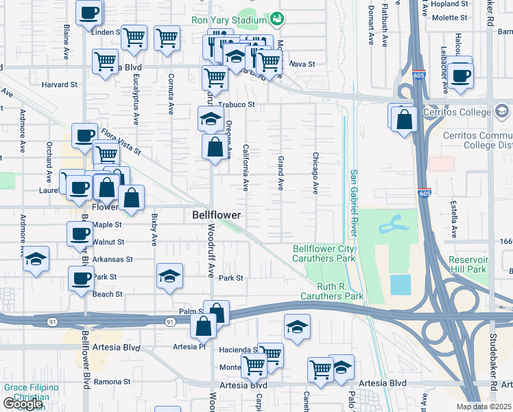 map of restaurants, bars, coffee shops, grocery stores, and more near 16654 California Avenue in Bellflower