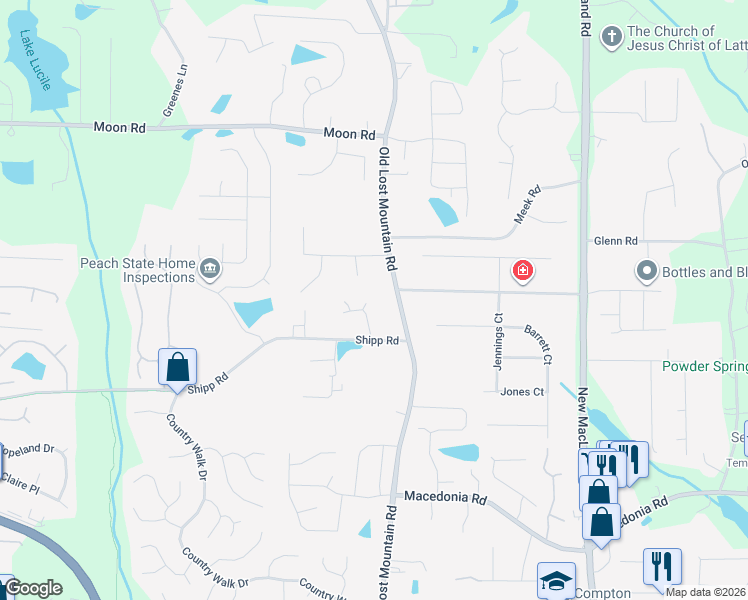 map of restaurants, bars, coffee shops, grocery stores, and more near 2982 Nell Way in Powder Springs