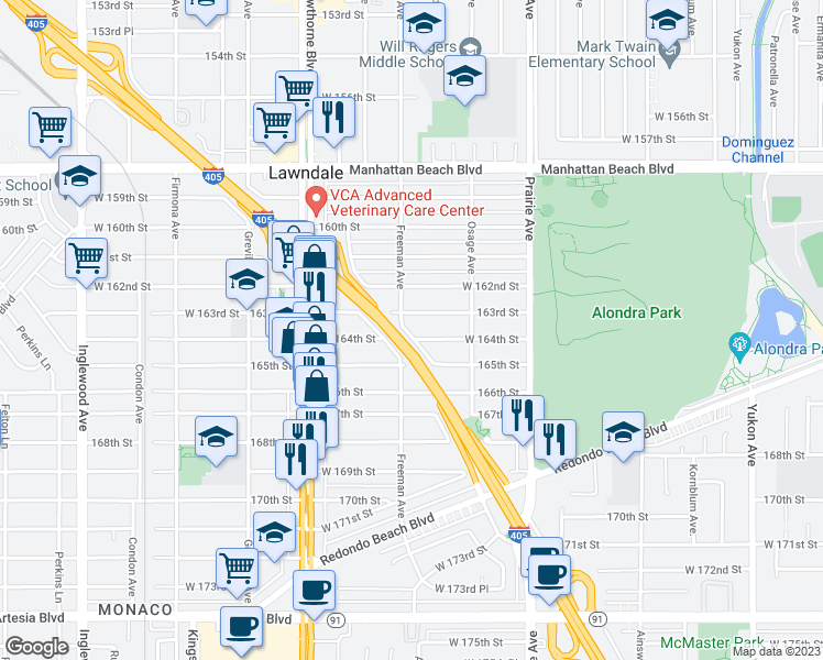 map of restaurants, bars, coffee shops, grocery stores, and more near 16318 Freeman Avenue in Lawndale