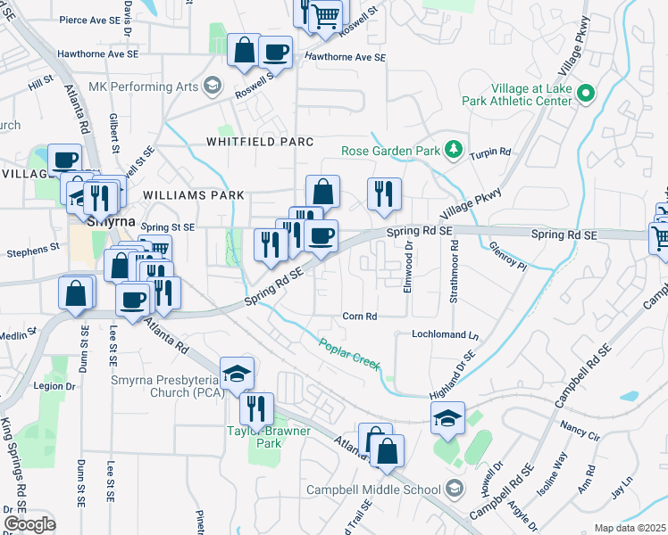 map of restaurants, bars, coffee shops, grocery stores, and more near 1680 Spring Road Southeast in Smyrna