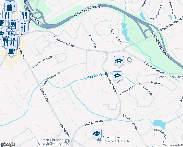 map of restaurants, bars, coffee shops, grocery stores, and more near 1202 Holly Hills Drive Southwest in Lilburn