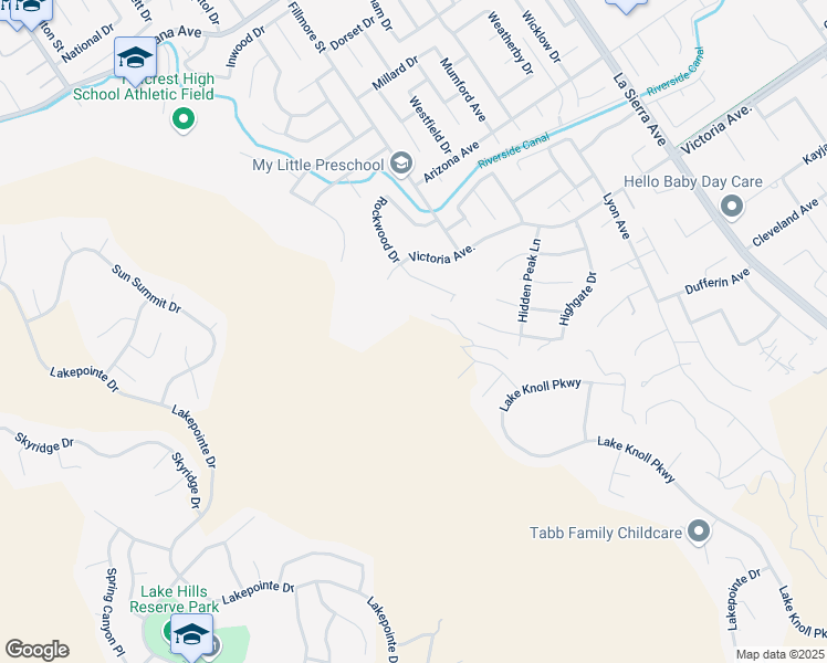map of restaurants, bars, coffee shops, grocery stores, and more near 11634 Victoria Avenue in Riverside