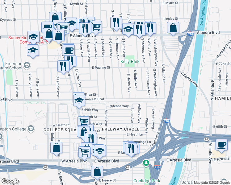 map of restaurants, bars, coffee shops, grocery stores, and more near 16704 South Caress Avenue in Compton