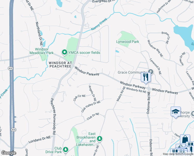 map of restaurants, bars, coffee shops, grocery stores, and more near 1105 Windsor Parkway in Atlanta