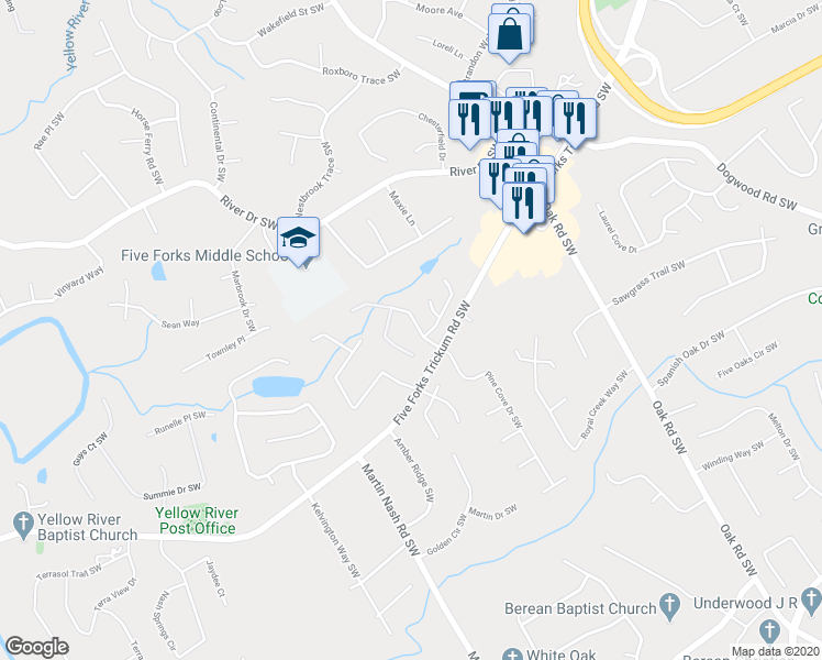 map of restaurants, bars, coffee shops, grocery stores, and more near 909 Pine Cove Drive Southwest in Lilburn