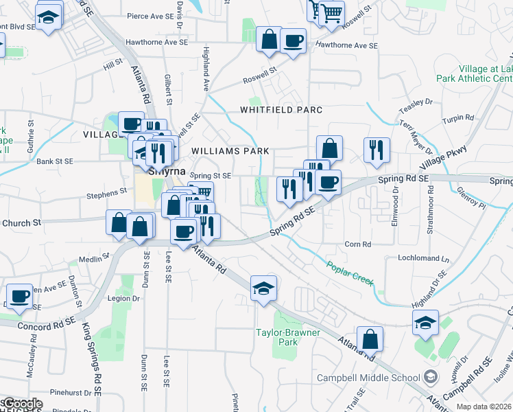 map of restaurants, bars, coffee shops, grocery stores, and more near 2880 Bernard Way in Smyrna