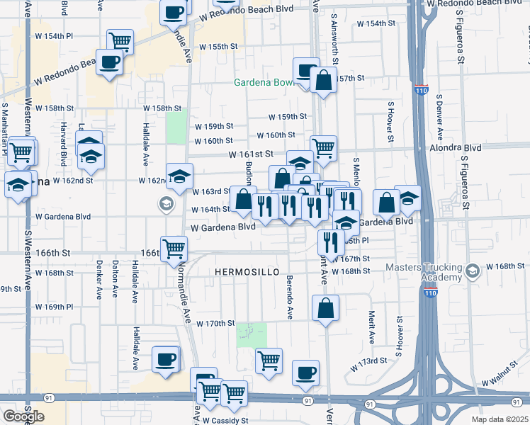 map of restaurants, bars, coffee shops, grocery stores, and more near 1138 West 164th Street in Gardena